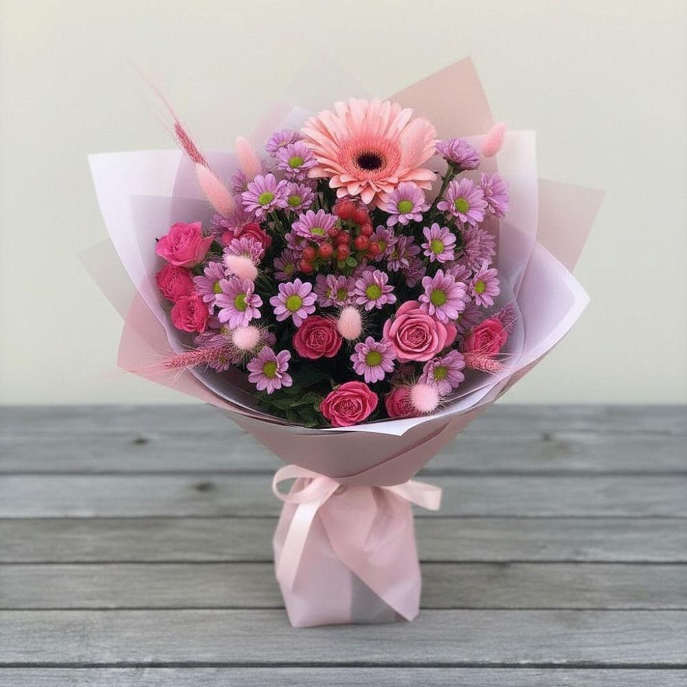 Букет цветов из: Розы, Герберы и Хризантемы в Нежинка