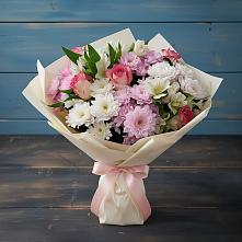 Букет цветов из:  Хризантемы, Альстромерии и Розы #REPLACE_PRED# Нежинка