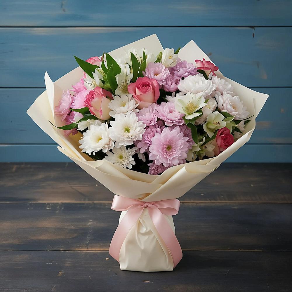 Букет цветов из: Хризантемы, Альстромерии и Розы в Нежинка